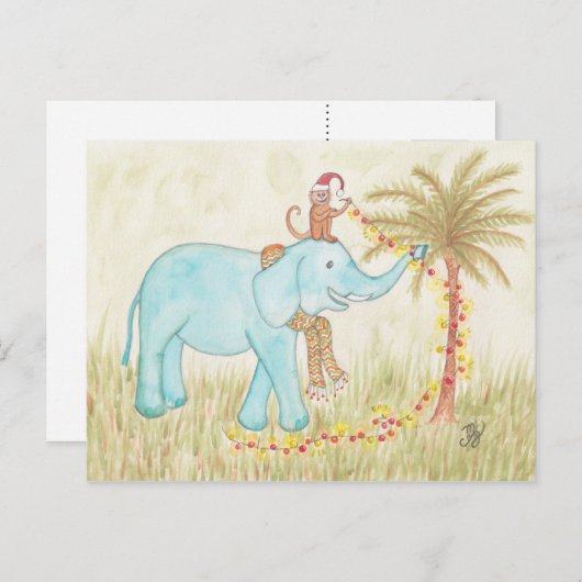 Elephant & aap die kerstlampjes steekt briefkaart (Voorkant / Achterkant)