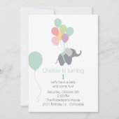 Elephant and Balloons First Birthday Invitation Kaart (Voorkant)