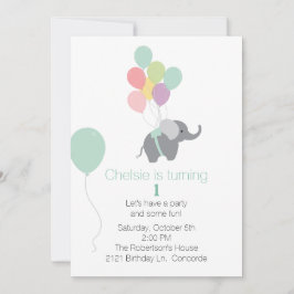 Elephant and Balloons First Birthday Invitation Kaart