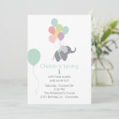 Elephant and Balloons First Birthday Invitation Kaart (Staand voorkant)