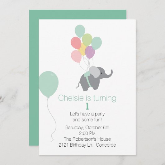 Elephant and Balloons First Birthday Invitation Kaart (Voorkant / Achterkant)