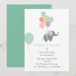 Elephant and Balloons First Birthday Invitation Kaart