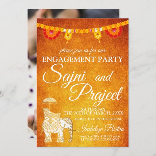 Elephant and Flowers Indian Engagement Party Kaart (Voorkant / Achterkant)