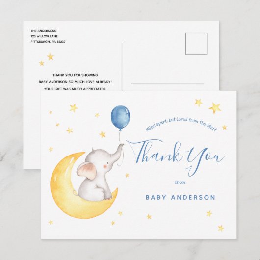 Elephant and Stars Baby shower per post dank u Briefkaart (Voorkant / Achterkant)