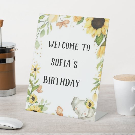 elephant and sunflower party, reclamebord met voetstuk (Insitu)