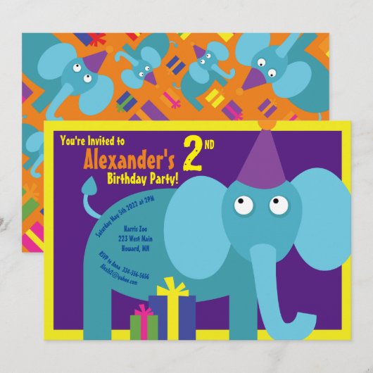 Elephant Animal Kind Birthday Party Invitations Kaart (Voorkant / Achterkant)