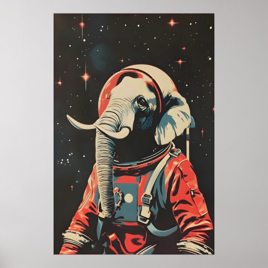Elephant Astronaut Poster, Elephant Retro Print (Voorkant)