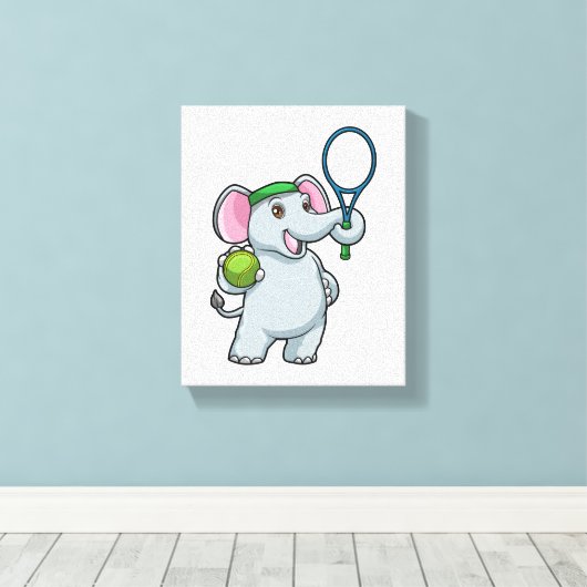 Elephant at Tennis with Tennis racket Canvas Afdruk (Insitu (Houten vloer))