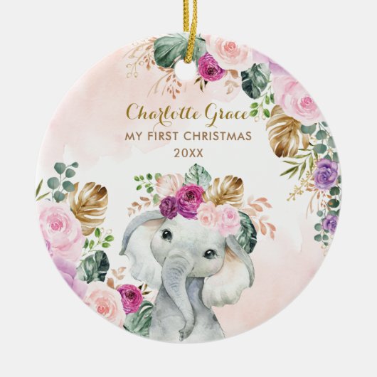 Elephant Baby 1st Kerstmis Blush Floral Greenery Keramisch Ornament (Voorkant)