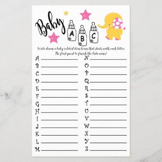 ELEPHANT BABY ABC BABY SHOWER GAME CARD FLYER (Voorkant)