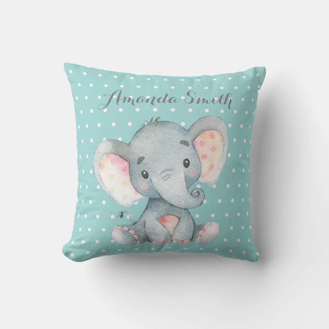 Elephant Baby Aqua Blauwgroen Turquoise en Grey Kussen (Voorkant)