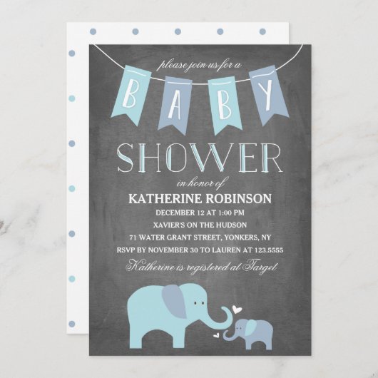 Elephant Baby Blue | Uitnodiging tot Baby shower (Voorkant / Achterkant)
