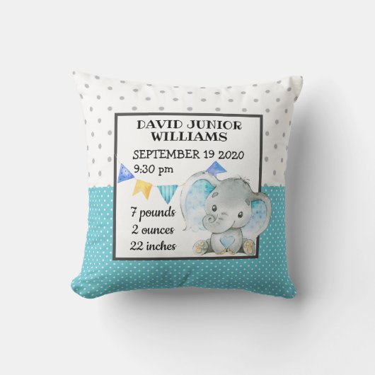Elephant Baby Boy Birth Stats Nursery Kussen (Voorkant)