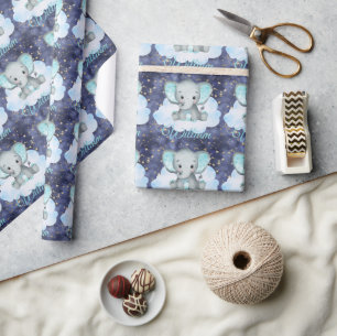 Elephant Baby Boy Blue Sky Gold Stars Aangepaste n Cadeaupapier