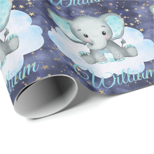 Elephant Baby Boy Blue Sky Gold Stars Aangepaste n Cadeaupapier (Rol Hoek)