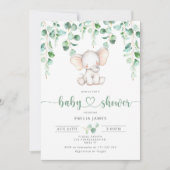 Elephant baby boy douche-uitnodiging. Eucalyptus Kaart (Voorkant)