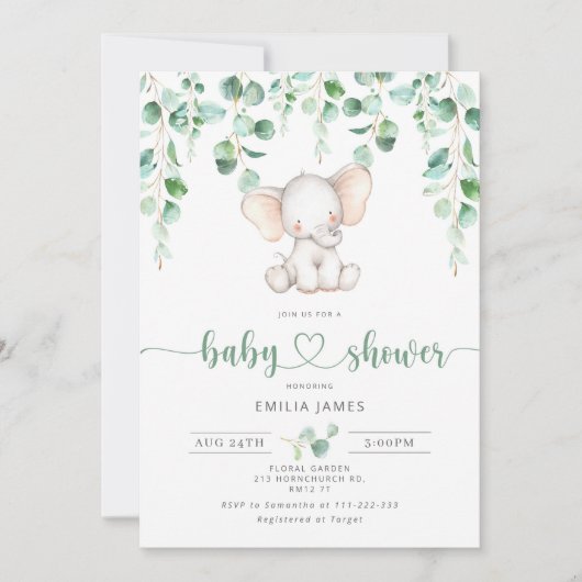 Elephant baby boy douche-uitnodiging. Eucalyptus Kaart (Voorkant)