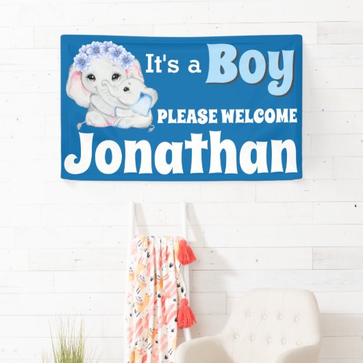 Elephant baby boy met moeder, het is een jongen WE Spandoek (Insitu)