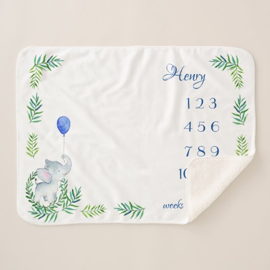 Elephant Baby Boy Milestone Maandelijks wekelijks Sherpa Deken (Voorkant (horizontaal))
