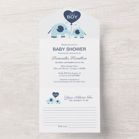 Elephant Baby Boy Shower Uitnodiging & Advice Kaar (Binnen)