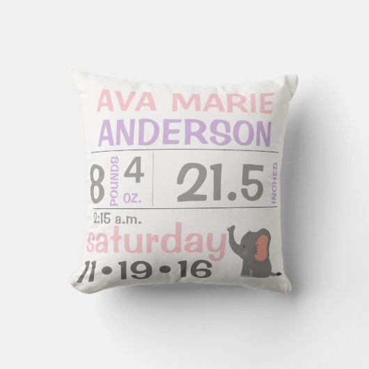 Elephant Baby Girl Aankondiging Sierkussen (Voorkant)