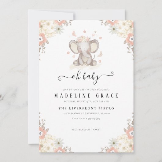 Elephant Baby Girl Baby shower Invitation Kaart (Voorkant)