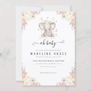 Elephant Baby Girl Baby shower Invitation Kaart