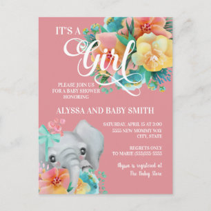 Elephant Baby Girl Baby shower Roze Geel Blauwgroe Briefkaart