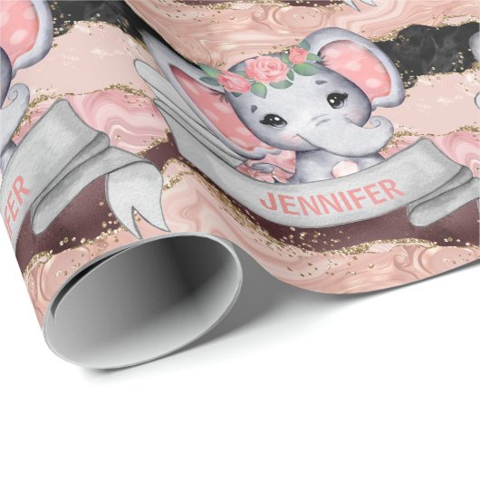 Elephant Baby Girl Gold Glitter Roze Cadeaupapier (Rol Hoek)