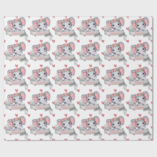 Elephant Baby Girl Heart Patroon Cadeaupapier (Vlak)