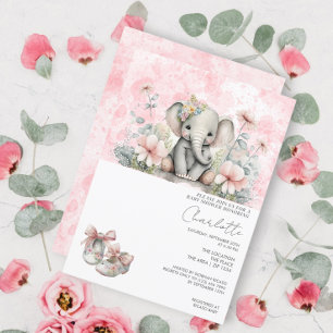Elephant Baby Girl met Baby shower bloemen Kaart