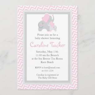 Elephant Baby Girl Shower Invitation Pink Chevron Kaart