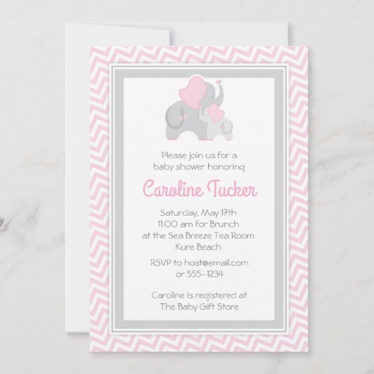 Elephant Baby Girl Shower Invitation Pink & Grey Kaart (Voorkant)