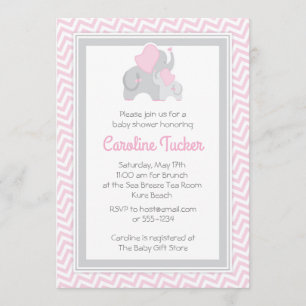 Elephant Baby Girl Shower Invitation Pink & Grey Kaart