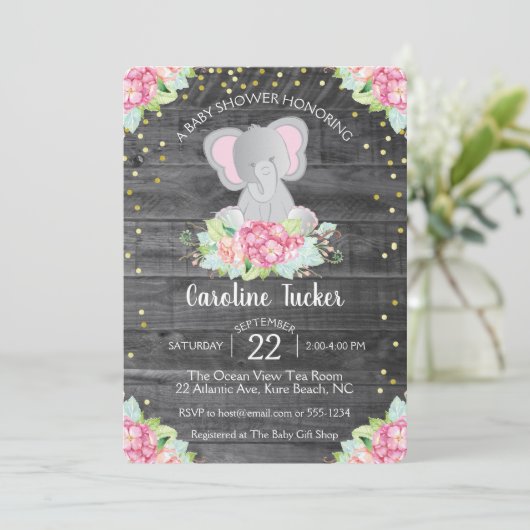 Elephant Baby Girl Shower Rustige Florals Kaart (Staand voorkant)