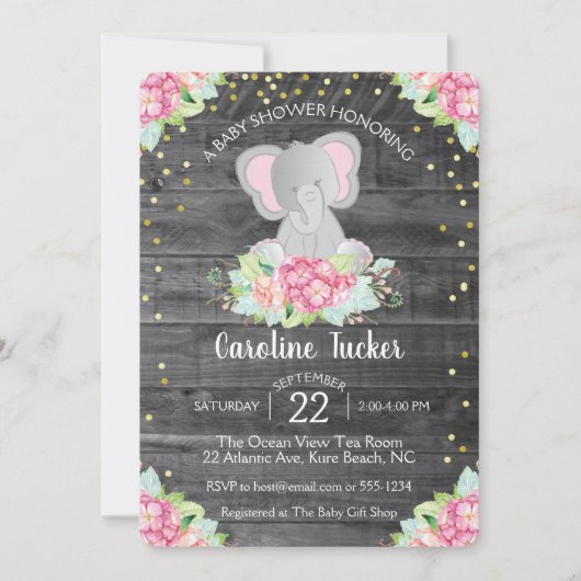 Elephant Baby Girl Shower Rustige Florals Kaart (Voorkant)