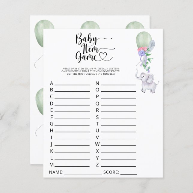 Elephant Baby item Game. Baby shower game (Voorkant / Achterkant)
