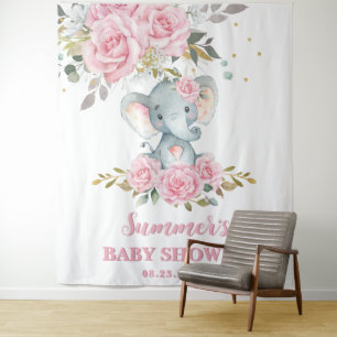 Elephant Baby Roze Bloemen Baby shower Achtergrond Wandkleed