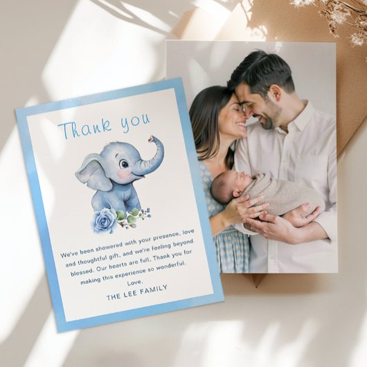 Elephant Baby shower bedankkaart – Blue Waterco