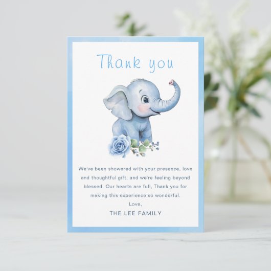 Elephant Baby shower bedankkaart – Blue Waterco (Staand voorkant)