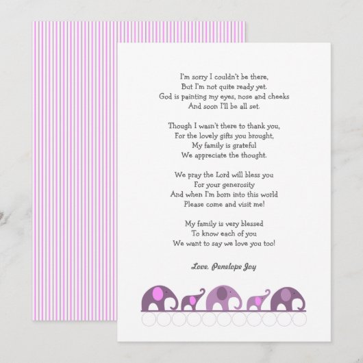 Elephant baby shower bedankt je notities / paarse  (Voorkant / Achterkant)