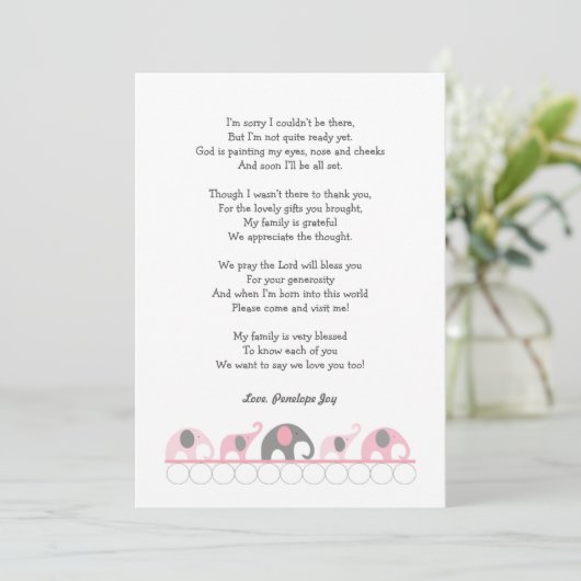 Elephant baby shower bedankt je notities / roze gr (Staand voorkant)