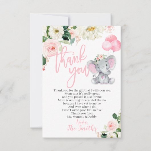 Elephant Baby shower Bedankt kaarten voor een meis (Voorkant)