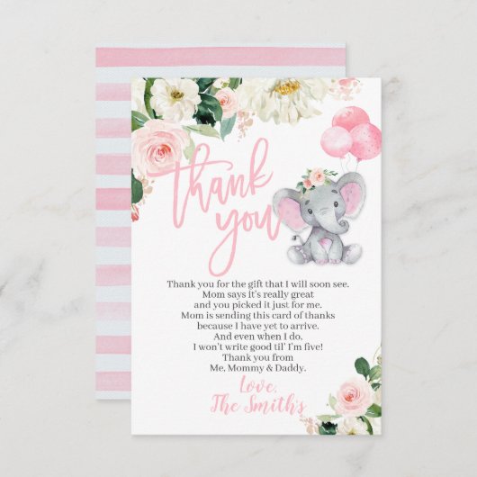 Elephant Baby shower Bedankt kaarten voor een meis (Voorkant / Achterkant)