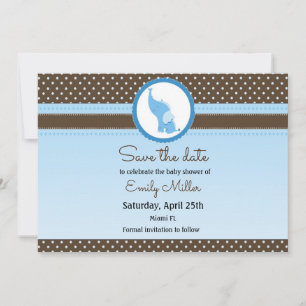 Elephant baby shower, behalve de datum blauw bruin save the date