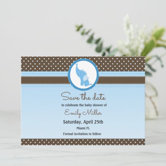 Elephant baby shower, behalve de datum blauw bruin save the date (Staand voorkant)