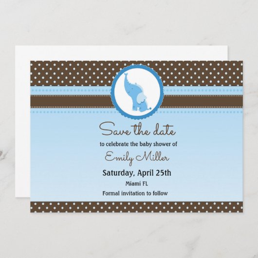 Elephant baby shower, behalve de datum blauw bruin save the date (Voorkant / Achterkant)
