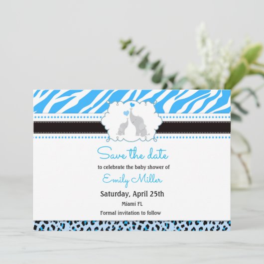 Elephant baby shower, behalve de datum blauw zwart save the date (Staand voorkant)