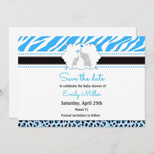Elephant baby shower, behalve de datum blauw zwart save the date (Voorkant / Achterkant)