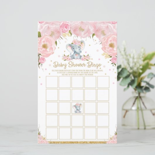 Elephant Baby shower Bingo Game Activity Baby Girl (Staand voorkant)